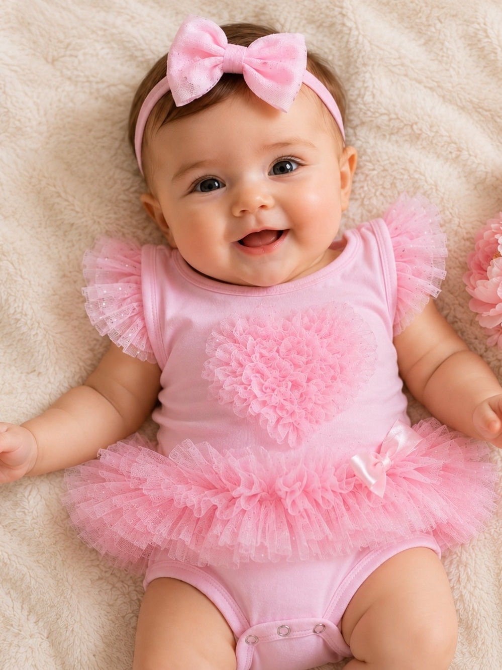 Popatu Pink Ruffle Tutu Bodysuit & Bow Set Baby Girl 6-9 Months #1846